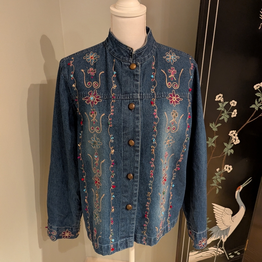 Vtg 90s Women's Large Colorful Boho Floral Embroidered Stone Jean Jacket Artsy